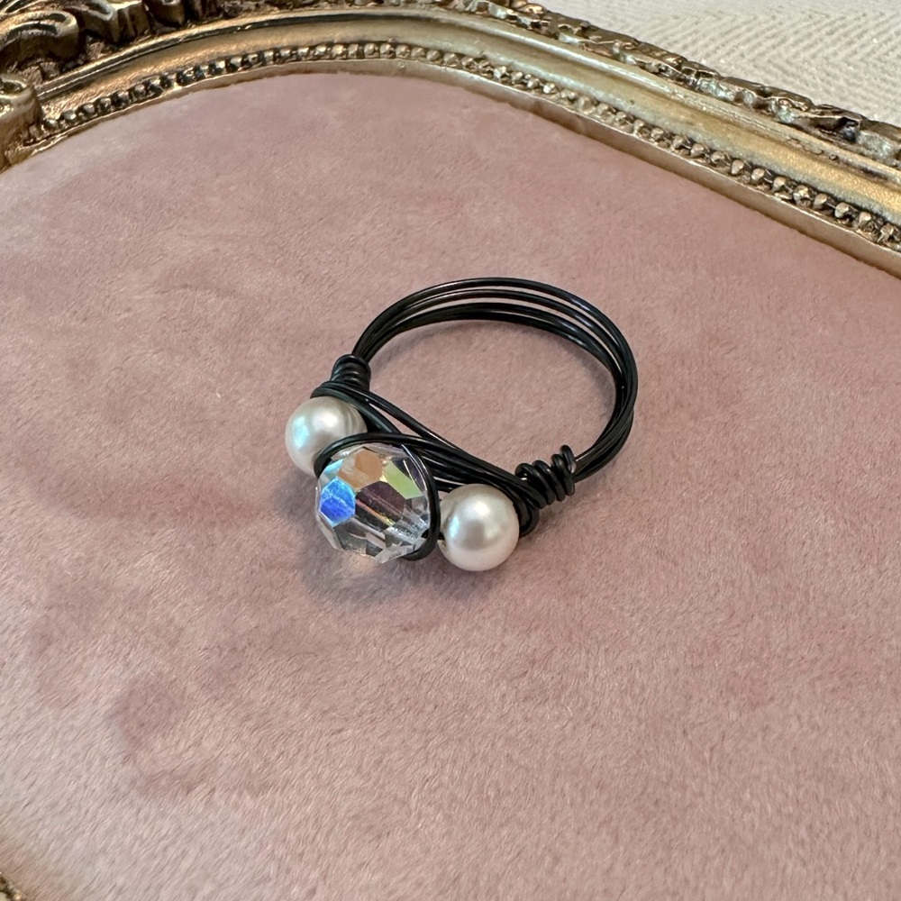 Handmade Sparkling Wire Wrapped Ring Black Glass AB Pearls Metal Hand Done